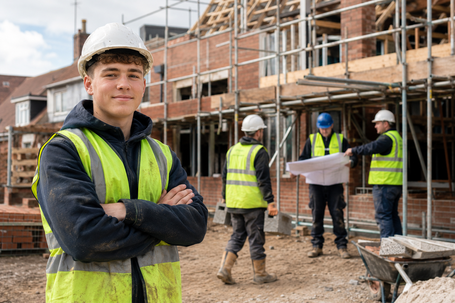 Apprentice builder in hi-vis and hard hat on a UK construction site