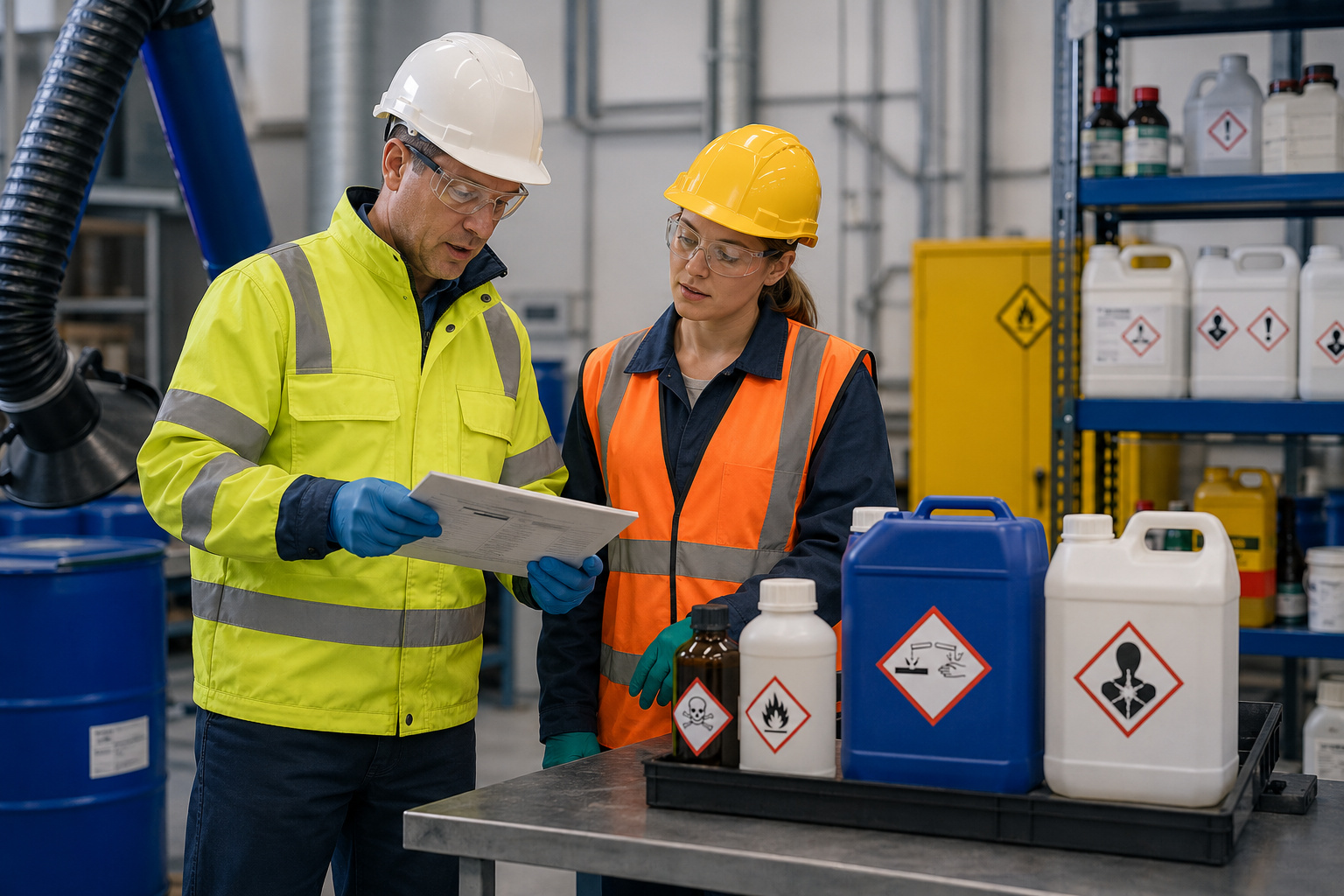 Workers reviewing a COSHH risk assessment beside labelled hazardous chemicals.