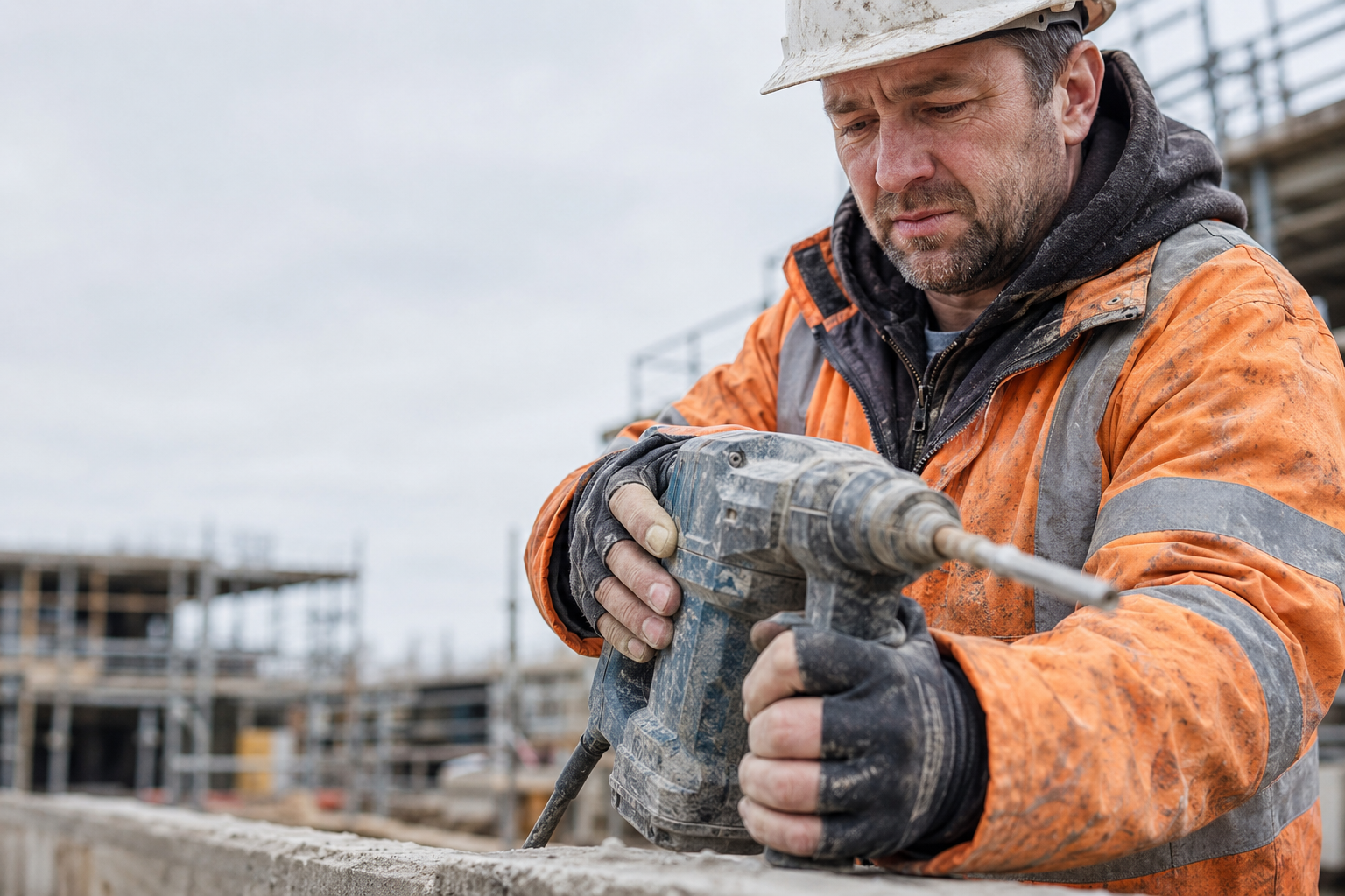Construction worker using a vibrating drill on a UK building site
