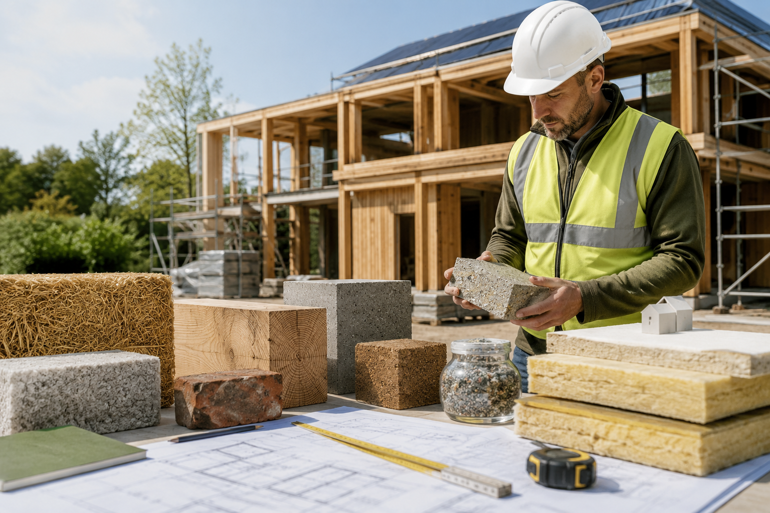Builder reviewing sustainable materials at a timber-frame construction site