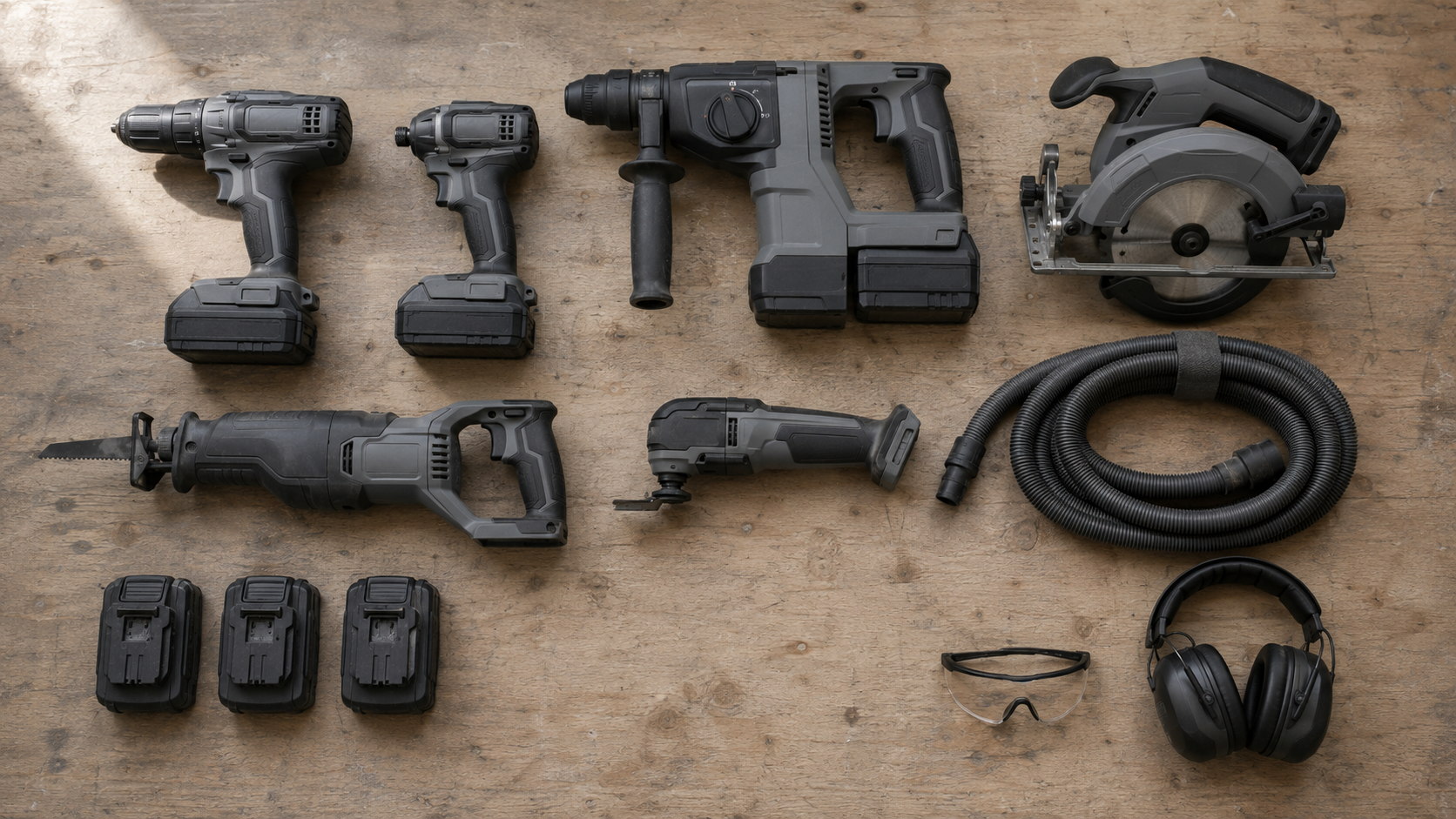 Essential power tools for tradespeople laid out on a workbench: drills, saws and batteries