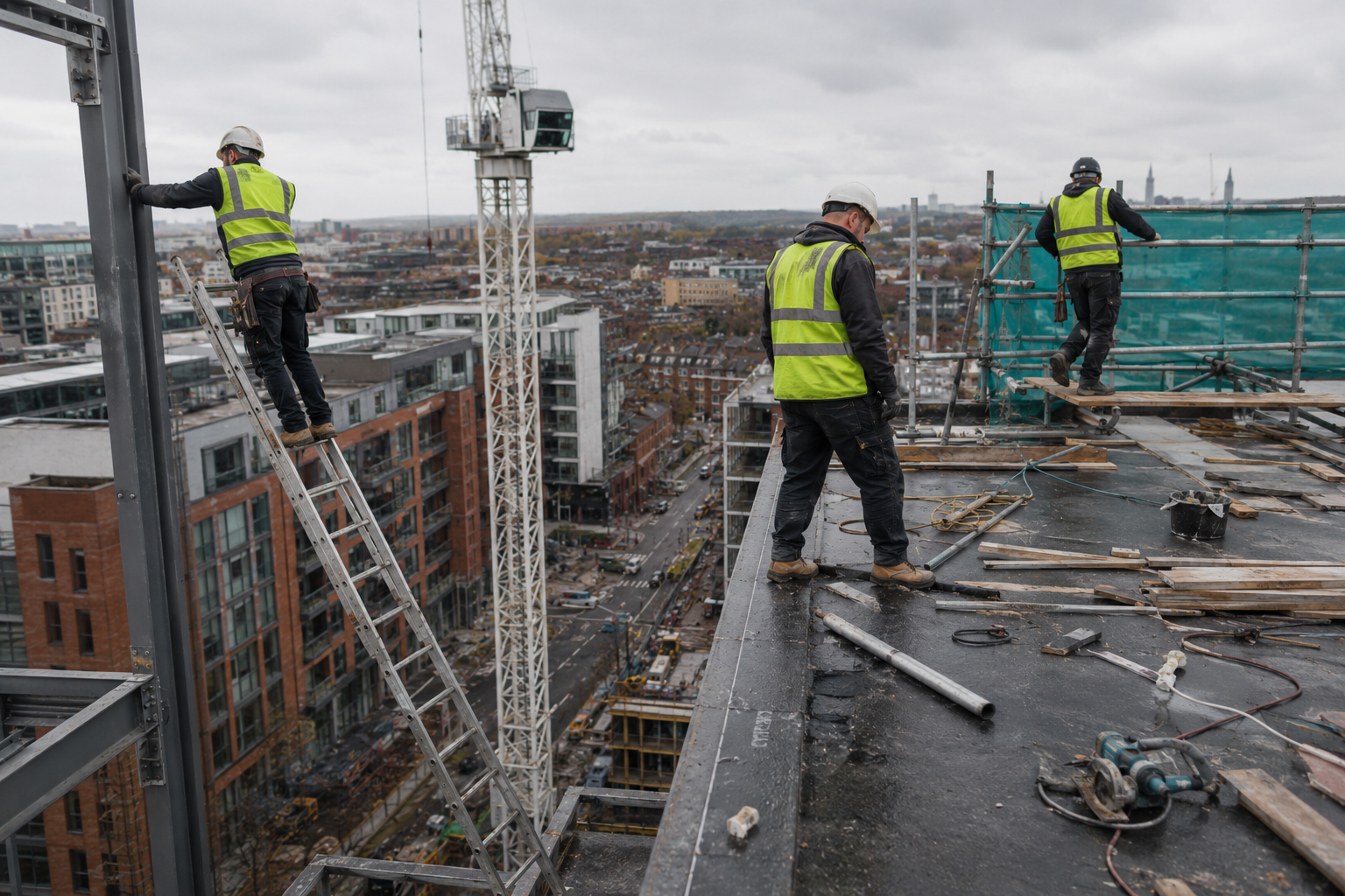 Working at heights UK construction crew using height safety systems safely
