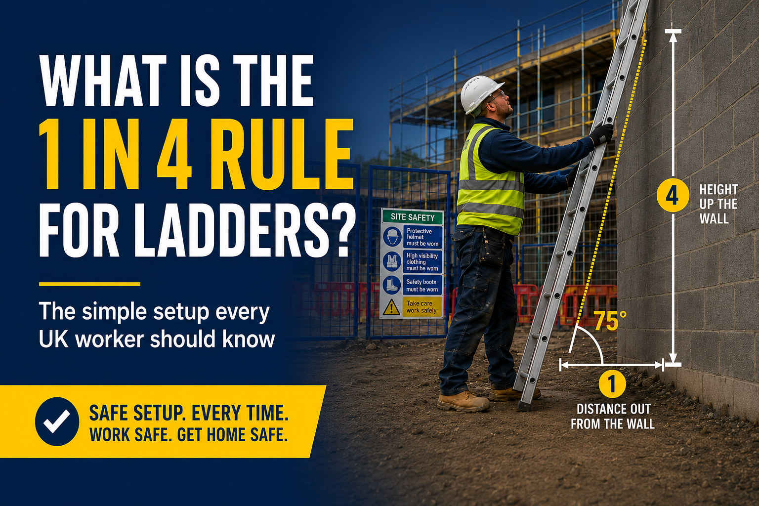 What is the 1 in 4 rule for ladders — UK worker setting a ladder at a safe 75° angle