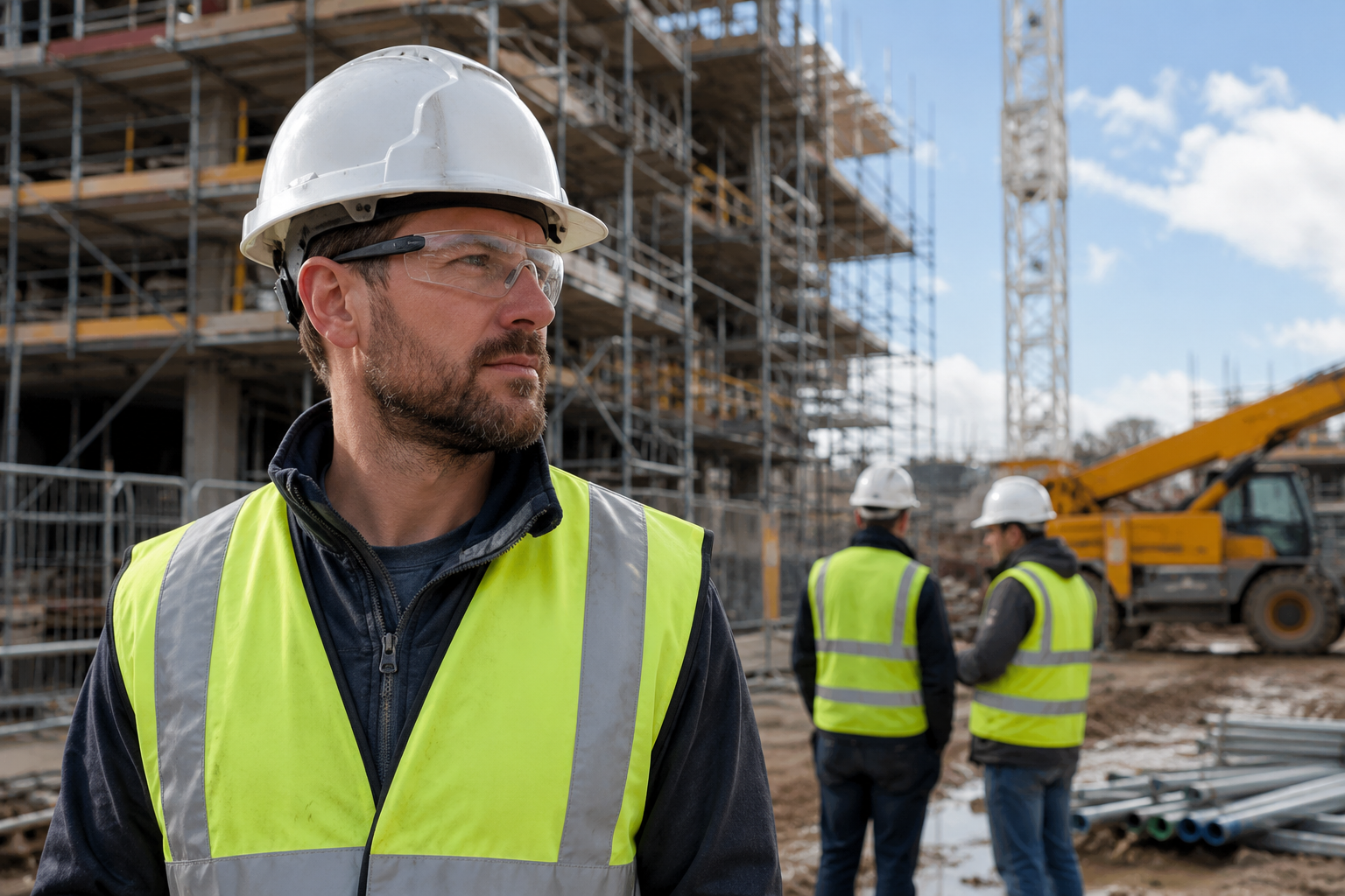 `Construction worker wearing white hard hat and hi-vis on a UK building site`