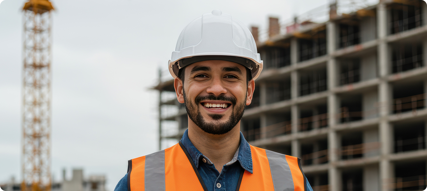 Construction professional in hard hat and hi-vis vest on a UK building site
